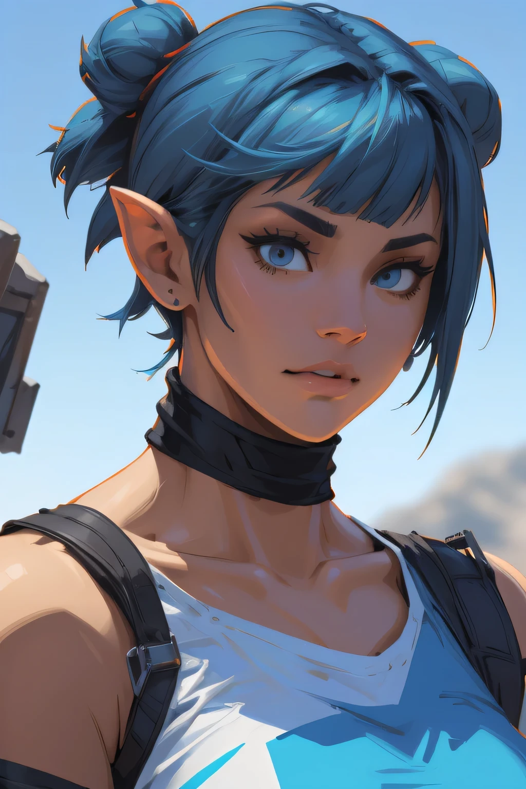 fantasy,concept art there is a woman with blue hair, short blue hair, with blue hair, blue short hair, short blue hair!!!, messy blue hair, halfbody headshot, blue hairs, blue hair, short blue haired woman, chloe price, sky blue highlights in hair, cyberpunk dyed haircut, flowing blue hair, brown hair with light blue ends, blue and black, LAUFEN, SHORT HAIR, DOUBLE BUN, BLUNT BANGS,