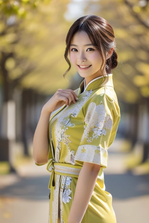 Photo-realistic quality、Japanese model posing for kung fu wearing a blue china dress、The background is a row of yellow ginkgo trees 、 looking at the camera、Rin々A good appearance、Detailed and beautiful eyes、Cute smile、 soft and gentle expression 