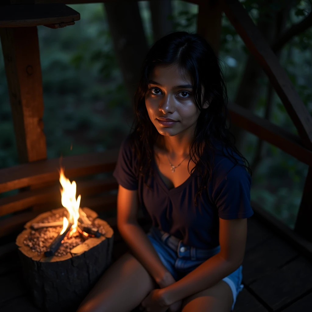 A girl of small stature, long haired black hair, Brown eyes, White skin; sitting in front of a campfire inside a cabin and with a Ouija board; the image in realistic style 