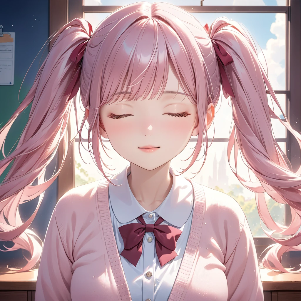 (8K, masutepiece, Best Quality, Official art, beautiful detailed, beautiful lighting, best masterpiece in history that exceeds limits), (1 Girl, Solo), (sixteen years old), (beautiful detailed face), (shiny white skin), (Beautiful big bust:1.3), (beautiful detailed pink twin tails hair, Bangs:1.3), (close eyes:1.8), (high school uniform:1.3), (pastel pink cotton cardigan, closed front, long sleeves:1.5), (open collar white shirt, pastel pink ribbon tie:1.3), (hold a pocky in mouth, sucking on a pocky, have a pocky in mouth, pocky game:1.5), (happy smile:1.2), (Attractive, cute pose:1.3), (no background, simple white plain background:1.5),