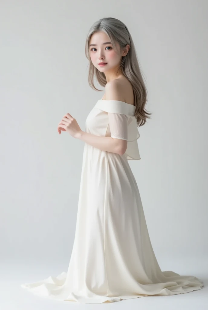  Albino Woman 、solo、非常にcute顔立ち、cute、 Subtle Smile :0.2、 Putting Down Her Long Duck 。 Beautiful Silky Gray Hair 、 Off-the-Shoulder White Dress、 Very Simple Dress 、Soft-Looking 、 photography studio、