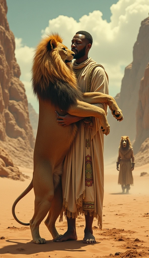 Create an image of a lion and a donkey and a prophet's body lying in the desert