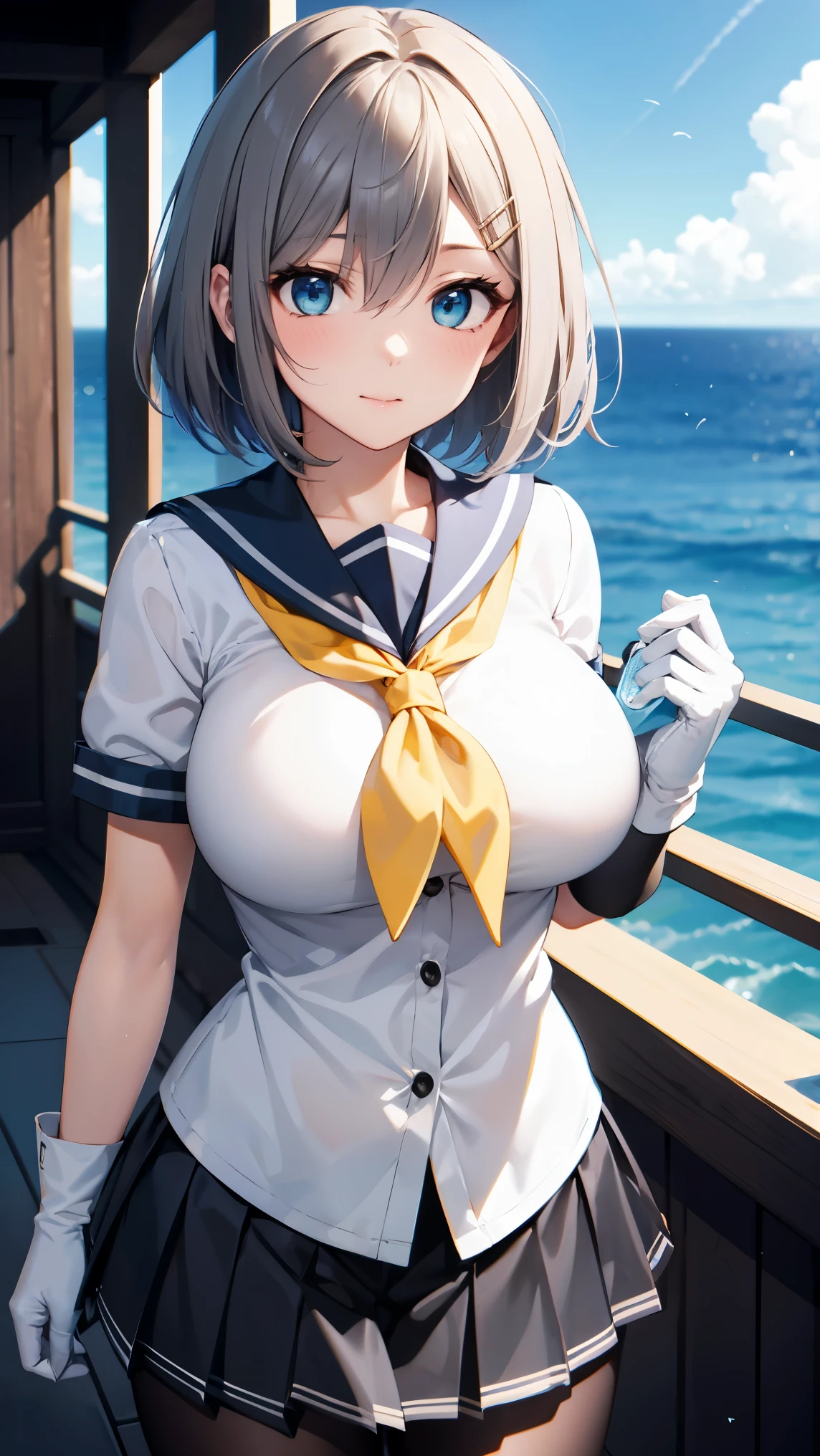 8k high resolution (Super detailed), masterpiece, (Best Quality)　 anime illustration 　Detailed eyes,  detailed face　 detailed hands　Fine hair　 very elaborate body、 fine skin 　 1 girl　 fleet this_Sea Breeze　 blue eyes、Grey Hair、Hair above one eye、Short Hair　 black pantyhose、gloves、grey sailor collar 、Grey Skirt、 hair clip that invites you with your hand、 pleated skirt 、uniform　 short skirt 、白gloves、 yellow neckerchief　Big Breasts　