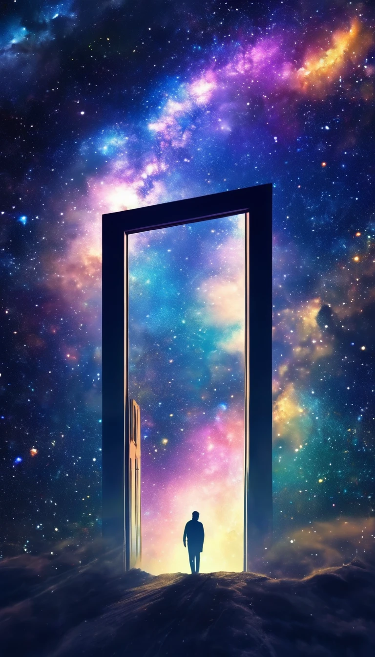  Double Exposure ， Silhouette of a Door to Another Dimension, Fly，Midnight,  Milky Way Night and Fusion ,  horizon , In the sky, terrain, Flowing Particles ，Colorful,  high definition, 8k