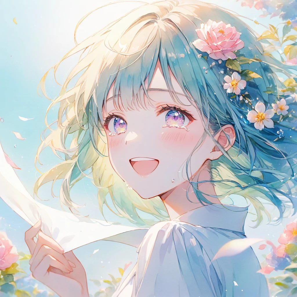 ((pastel、 watercolor style ))、1 woman,face,Tears on the Right Cheek Bokuro ,front, gradient eyes ,Laughter,happiness, The background is a clear day, Moderate Blur , Strong Vignette Masterpiece,Best Quality,Exquisite,8k, absurd, super detailed illustrations on white paper ,( Viewers )