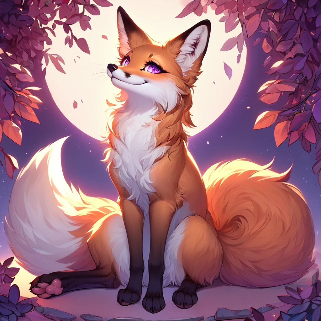 masterpiece, best quality, ultra high res, a cute female feral fox, sitting, smiling cutely, full body, beautiful, visually stunning, elegant, BREAK, fox ears, whiskers, (long and fluffy fox tail), (digitigrade, fox paws on feet), (elongated fox snout), orange fur, glowing purple eyes, looking at viewer with adoration