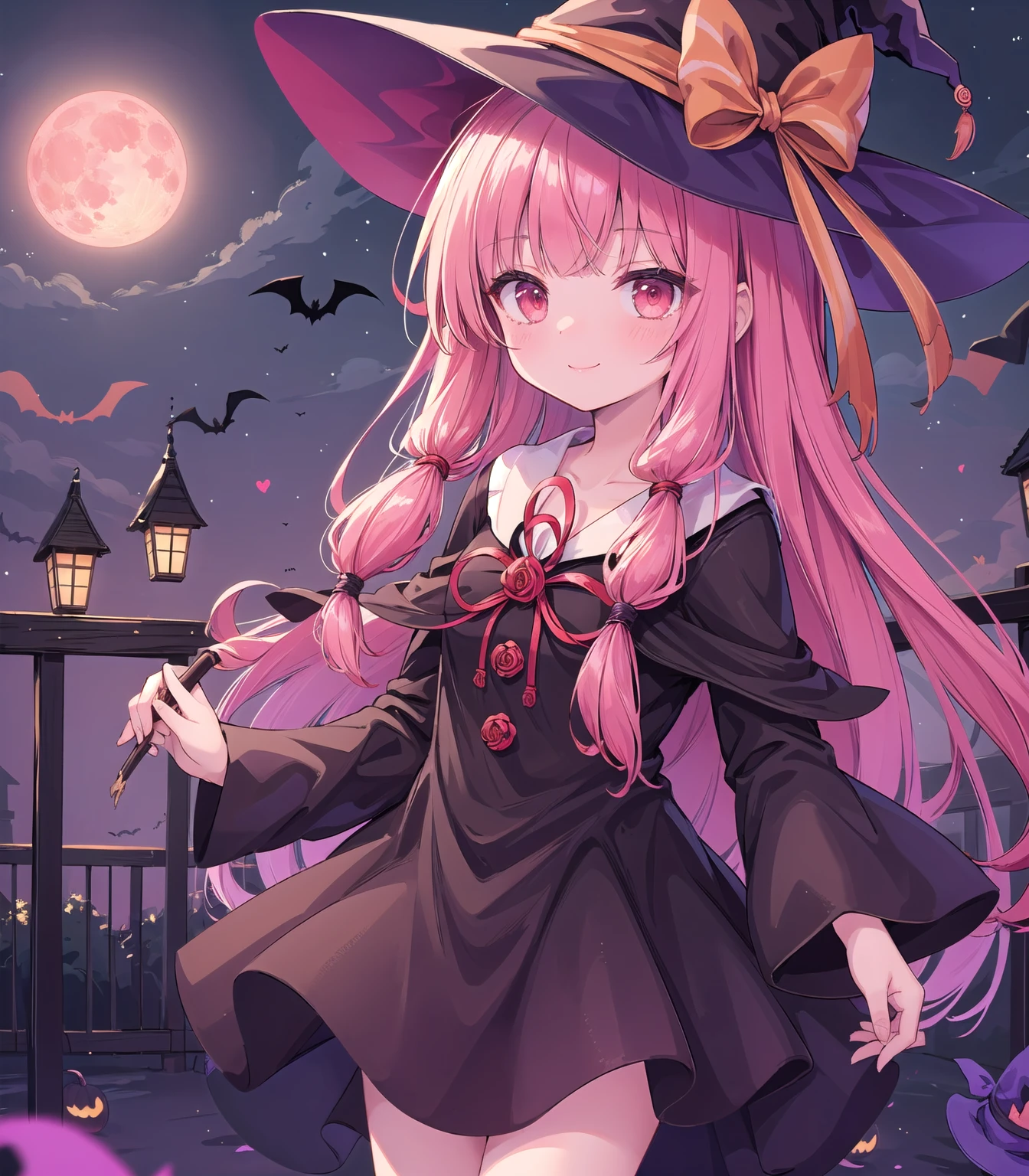 (masterpiece, Highest quality:1.2),alone,one person, Kotonoha Akane,((Hair Ribbon;1.4)),Halloween:1.3,Perfect composition,((witch's hat:1.3)),smile,Hair Ribbon paper, Detailed Hair,Pink Hair,sweets,Perfect composition,red moon:1.3