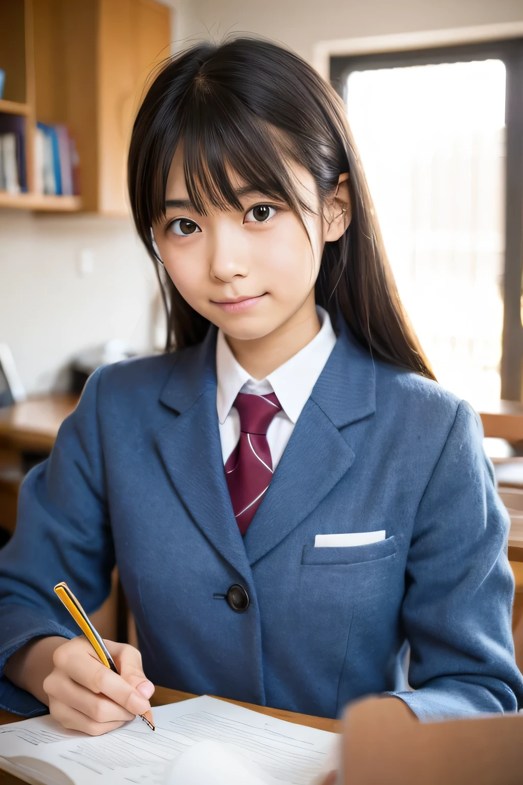 Photorealistic taste、Japanese high school girl 17 years old、black hair、medium long hair、blazer uniform、tie、plaid skirt、The background is an after-school classroom at a high school in Tokyo.、The time zone is１５About time、Sitting on a chair in the classroom、Smiling and talking with a female friend、(highest quality)