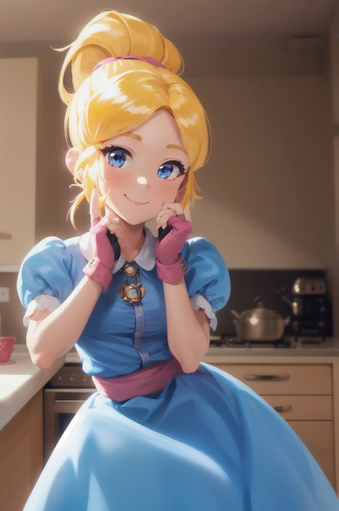 (masterpiece, best quality:1.2), cowboy shot, solo, 1girl, piper, smile, looking at viewer, (hand on own cheek:1.2), blonde hair, ponytail, blue dress, puffy short sleeves, fingerless gloves, kitchen