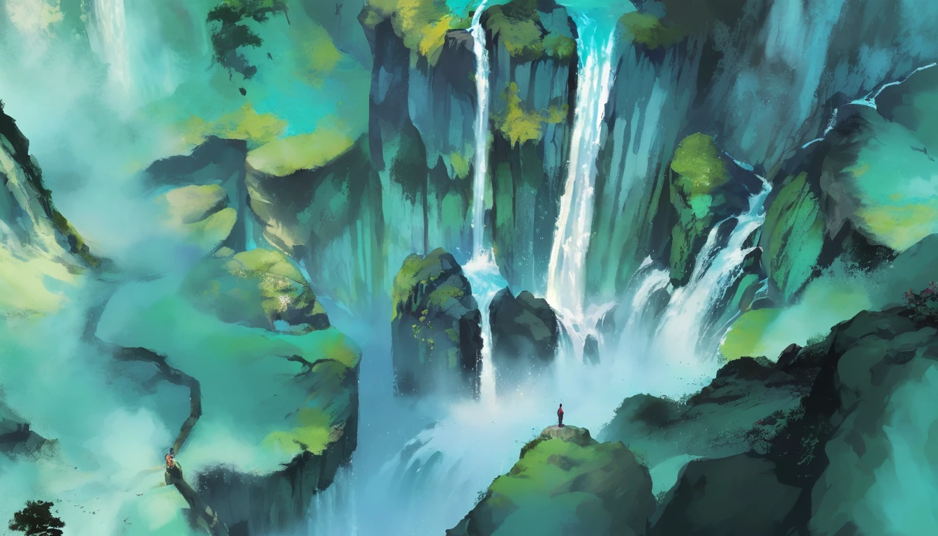 painting of a waterfall with a person standing on a rock, high detail digital painting, detailed digital painting, soft digital painting, watercolor digital painting, speedpaint, made with anime painter studio, painted in anime painter studio, 4k digital painting, 4 k digital painting, an expressive digital painting, low detailed. digital painting, digital watercolor painting, digital painting highly detailed