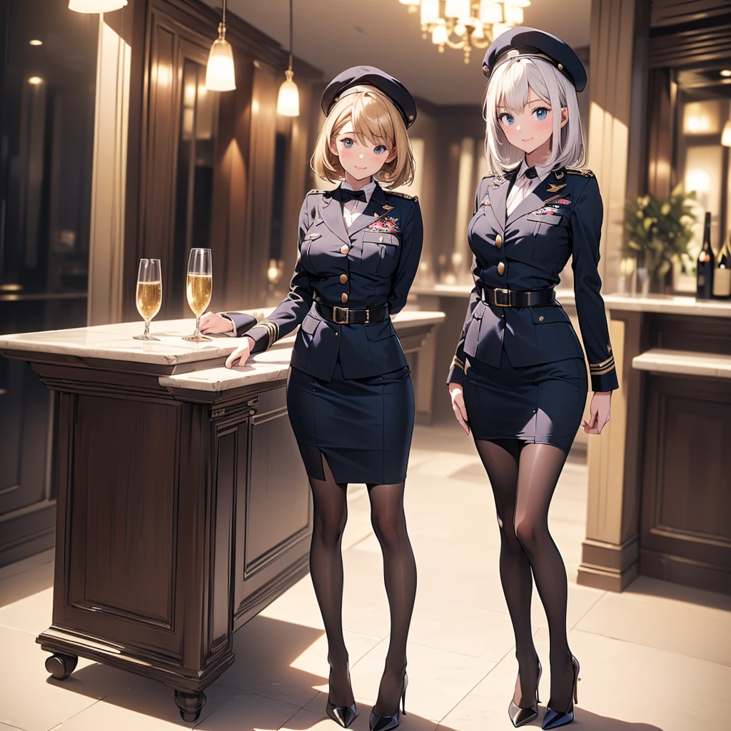 (masterpiece:1.3),(best quality, highest quality),((Full Body Shot,Including face)), 1girl, 4K, masterpiece, ((Focus on the face)),((Symmetrical facial features)), Beautiful woman, (Slender), ((Patterned stockings with straps)), Detailed depiction of the face, bar counter, Slenderな女性, National flag, 20-year-old,Beautiful Face, (Upper Body),Hair on one eye, Medium Sidecut, bionde, Sharp focus, Black and red military uniform, Tight Skirt, (High heels:1.5),