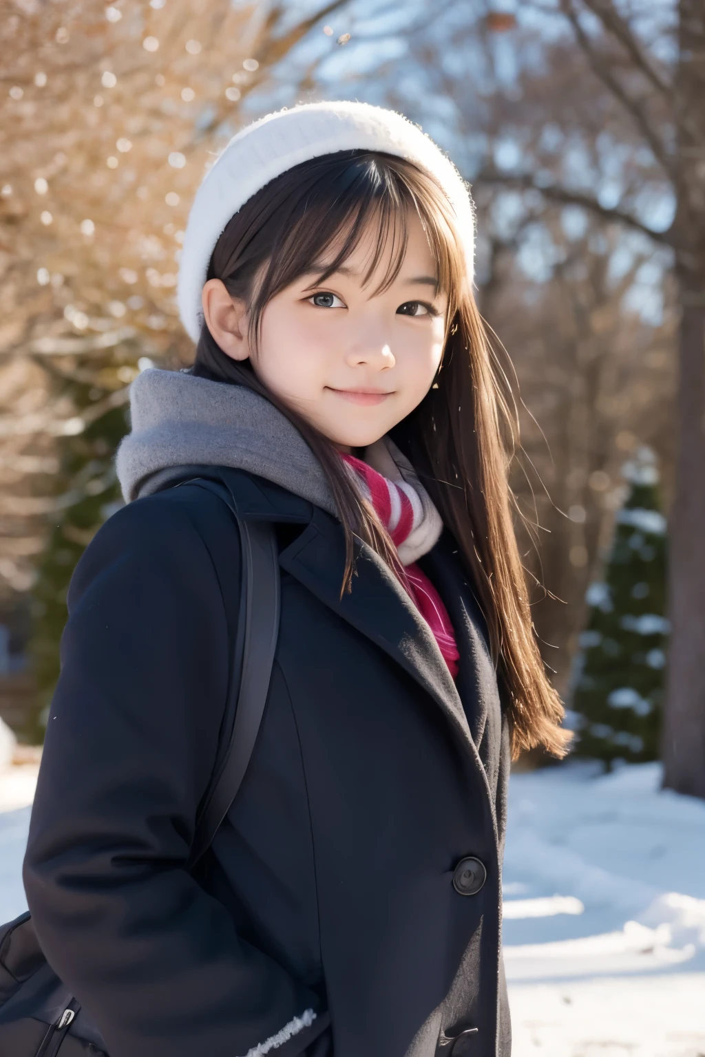 ((Duffel coat、hi-school girl、a miniskirt、thighs thighs thighs thighs、Mouton Boots、open the legs widely、Detailed panties:1.2))、(realisitic、Photorealsitic、ultra-detailliert、Highest Details Skins、top-quality、masterpiece、超A high resolution)、Realistic skin type、Japan schoolgirl uniform、simple background、Cute Japan person、17 age、younggirl、I have bangs、二重まぶた、drooing eyes、Cute smile、Charming、purity、double tooth、View here、Winters、It's snowing、Thick check muffler、The wind is blowing