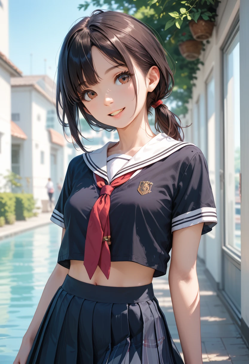 Score_9,Score_8_up,Score_7_up,highest quality anime,detailed,depth of field,high-resolution,1 girl,slim,small breasts,(black low ponytail hair),(Ideal slender proportions),(school uniform),happy