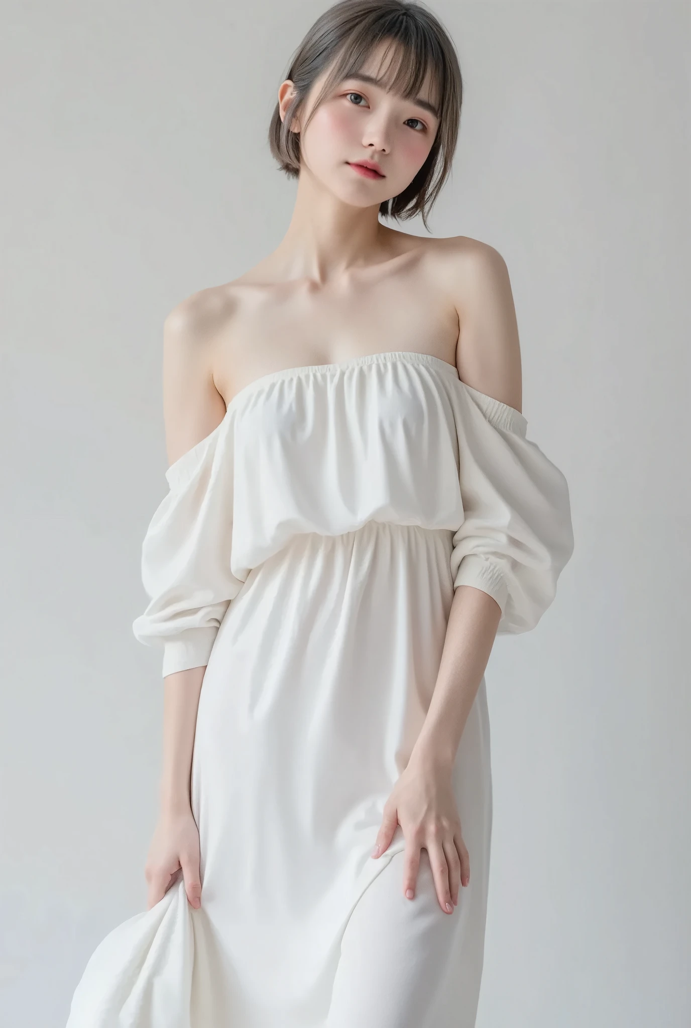 ((Highest quality)), ((8k)), ((masterpiece: 1.3)), (Perfect appearance), (Photorealism: 1.6), (JMA), (Who), (Genuine:1.4), 1 Mature Woman, Perfect Anatomy, 65 years old, ((Realistic skin texture)), (Fine lines on the skin), (Dull skin), (Facial wrinkles), (Wrinkles around the eyes), double eyelid, Tear bags under the eyelids, Medium Long Hair, (Stand collar, Asymmetrical hem, Frills, No sleeve, dress), ((Standing posture: 1.3)), (Resort: 1.2),