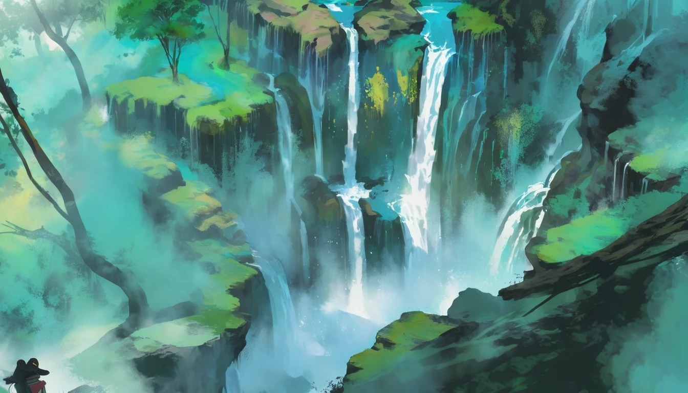 painting of a waterfall with a person standing on a rock, high detail digital painting, detailed digital painting, soft digital painting, watercolor digital painting, speedpaint, made with anime painter studio, painted in anime painter studio, 4k digital painting, 4 k digital painting, an expressive digital painting, low detailed. digital painting, digital watercolor painting, digital painting highly detailed