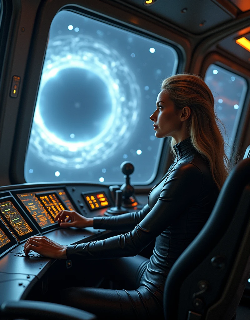 UHD,8k,slightly back side view ,watch standing behind the pilot:   beautiful girl spaceship pilot sitting in the pilot's seat in front of the controls, she has an earth pilot jumpsuit , holding the helm of a spaceship , and behind the cockpit windows ( who are in front of the pilot ),  a huge space wormhole ( space funnel passage between dimensions in the universe , Space Stars ,future,epic scene ,maximum detail,Maximum realism, spaceship speed effect ,( view from inside the spacecraft cockpit ,в стеклах кабины перед пилотам видна  a huge space wormhole ( space funnel passage between dimensions in the universe , Space Stars 