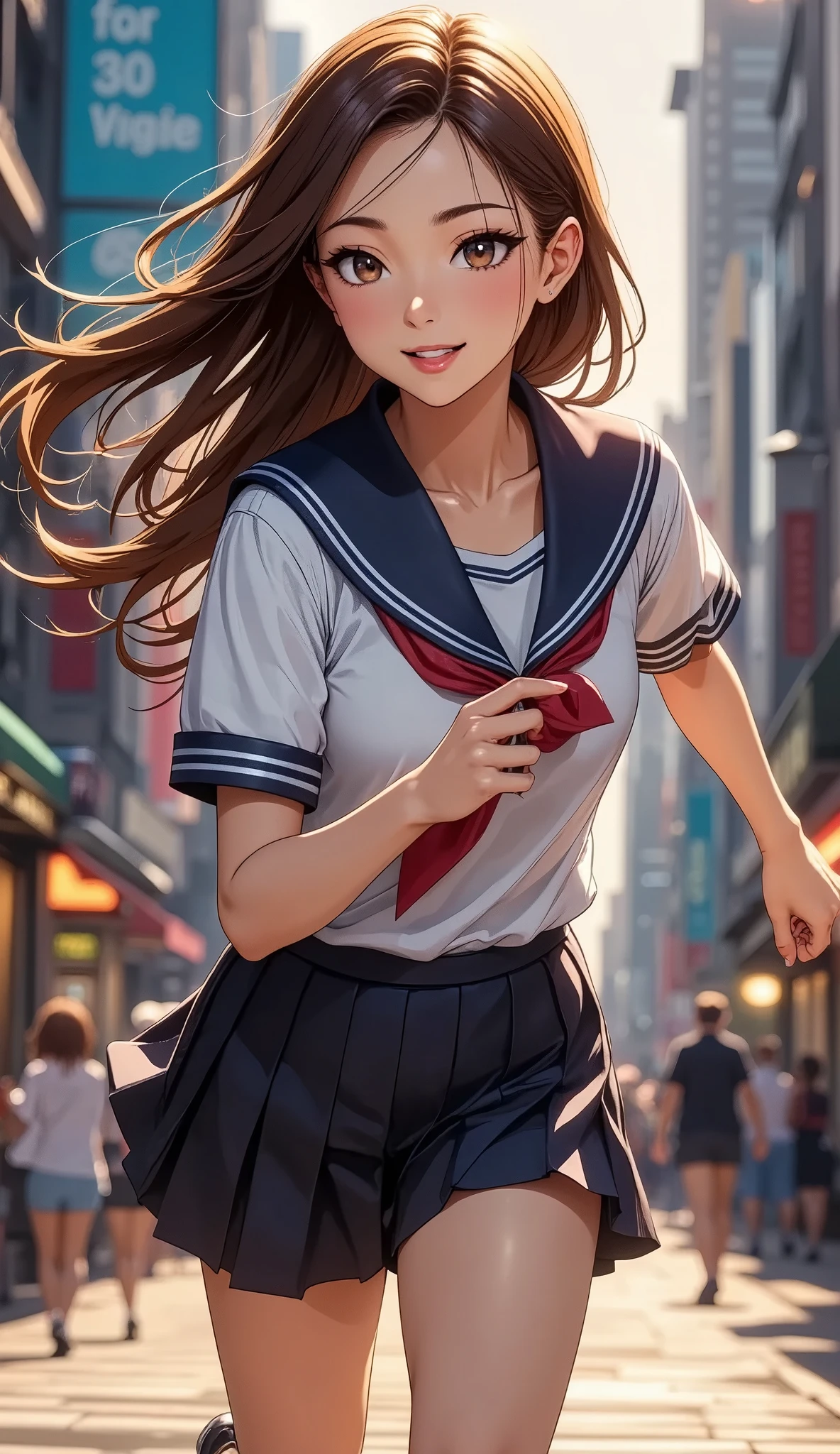 A young woman in a running sailor suit 、Beautiful eyes with detailed detail、Beautiful lips with detailed details、 has extremely detailed eyes and face、 long eyelashes 、 Dynamic Movement 、 Dramatic lighting 、 cinematic、 vibrant colors、 warm tones 、Mysterious、Urban area、 Magic Hour、(Highest quality,4K,8k,High Resolution, Masterpiece:1.2),Ultra fine,( real,フォト real, photorealistic :1.37), cinematicな照明, Dramatic angles , action pose 