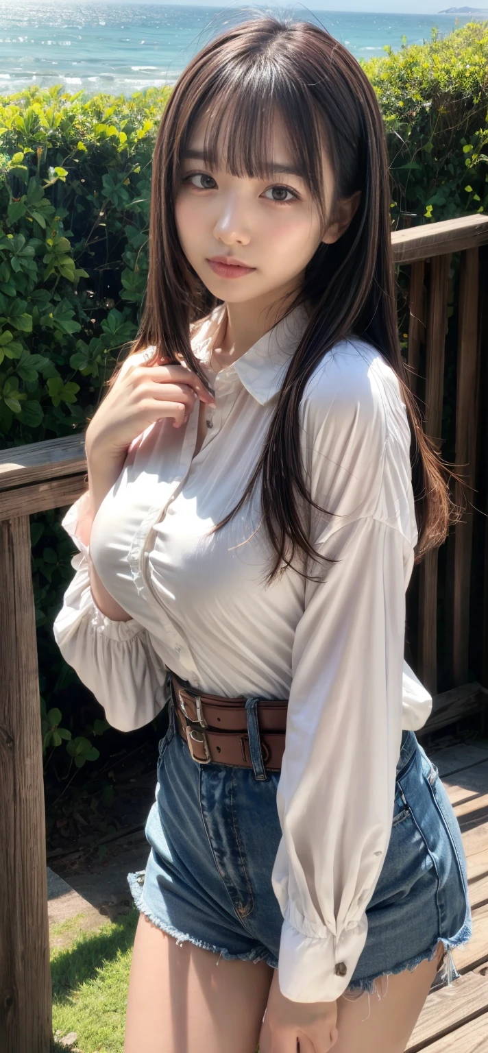 Tia is shown to have a rather slender figure. She has white-gray hair , She has short hair and big pale green eyes, Walking through a wheat field, And the breeze is playing with her hair, And she touches the wheat with her hands in the morning, The weather is sunny, And she wears an open shirt with exposed cleavage., Superior Quality, Many details, Sharp Focus, Realism