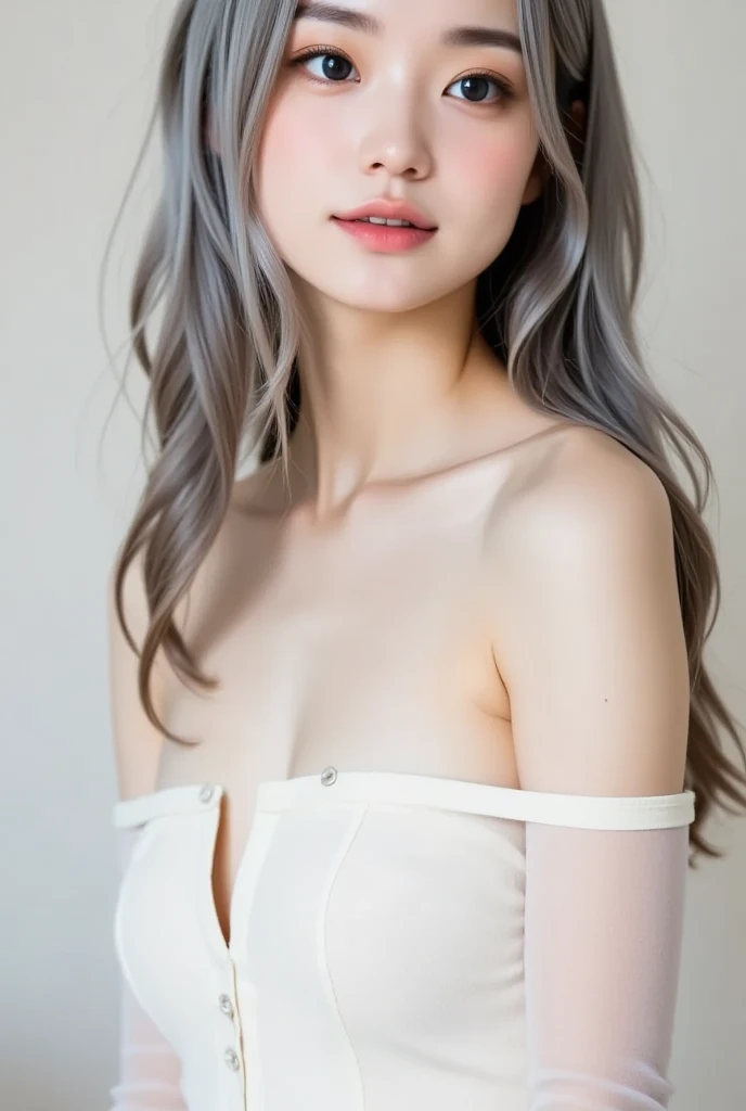  Albino Woman 、solo、非常にcute顔立ち、cute、 Subtle Smile :0.2、 very long hair 、Let your long hair down、 Beautiful Silky Gray Hair 、 Off-the-Shoulder White Dress、 Very Simple Dress 、Soft-Looking 、 photography studio、