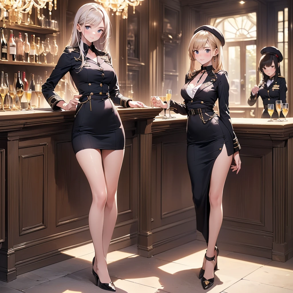 (masterpiece:1.3),(best quality, highest quality),((Full Body Shot,Including face)), 1girl, 4K, masterpiece, ((Focus on the face)),((Symmetrical facial features)), Beautiful woman, (slender), ((Patterned stockings with straps)), Detailed depiction of the face, bar counter, slenderな女性, National flag, 20-year-old,Beautiful Face, (Upper Body),Hair on one eye, Medium Sidecut, Blonde, Sharp focus, Black and red military uniform, Tight Skirt, (High heels:1.5),Cocktail,wine