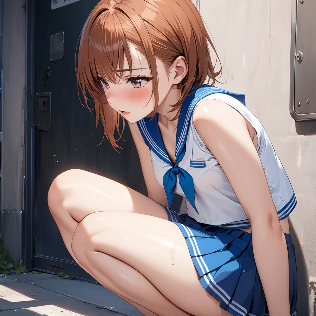 Schoolgirl, Brown Hair, Medium Hair, Sailor Suit, (Naked:1.4), (Blushed:1.0), Detailed Face, Roadside, POV crouching