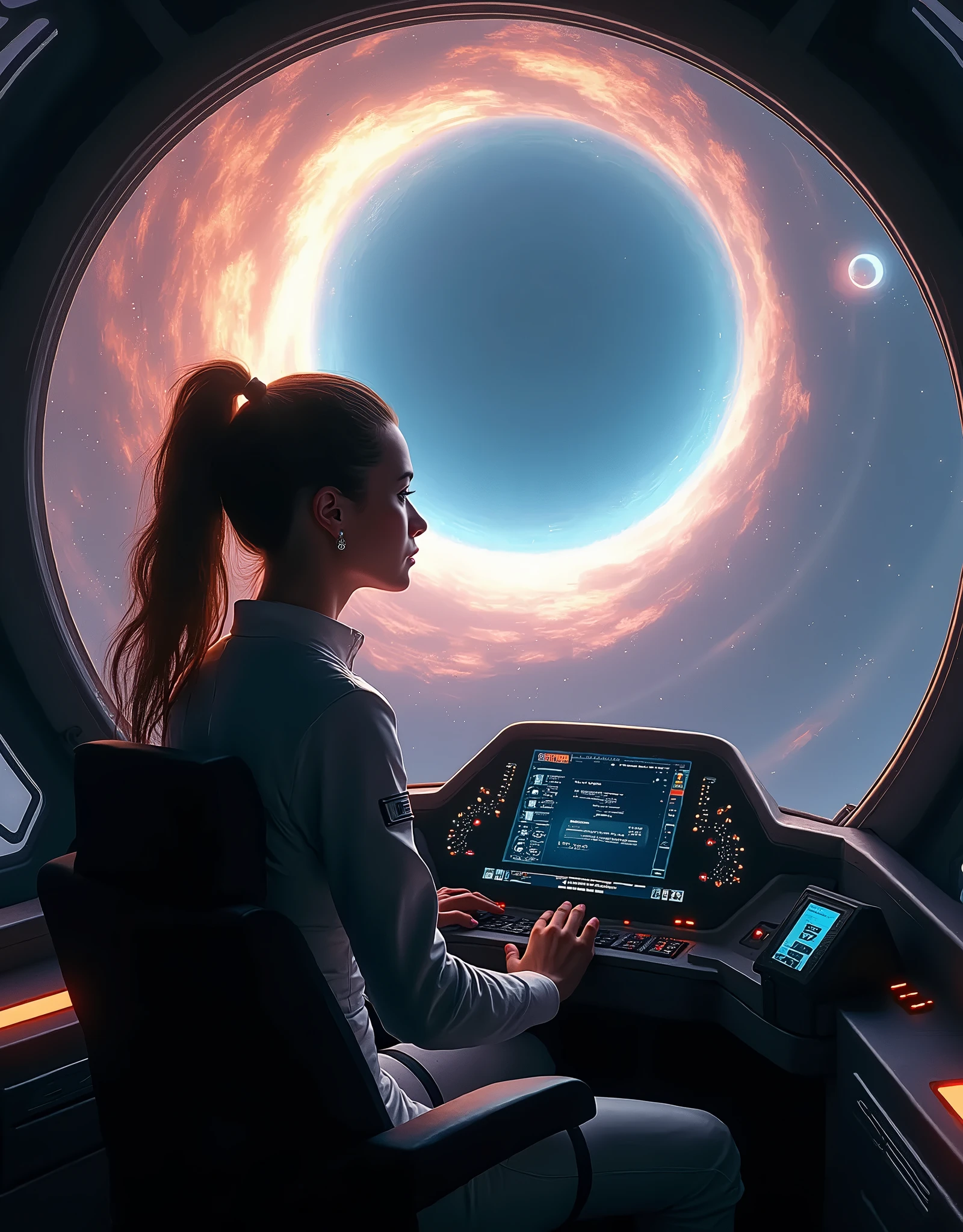 UHD,8k,slightly back side view ,watch standing behind the pilot:   beautiful girl spaceship pilot sitting in the pilot's seat in front of the controls, she has an earth pilot jumpsuit , holding the helm of a spaceship , and behind the cockpit windows ( who are in front of the pilot ),  a huge space wormhole ( space funnel passage between dimensions in the universe , Space Stars ,future,epic scene ,maximum detail,Maximum realism, spaceship speed effect ,( view from inside the spacecraft cockpit ,в стеклах кабины перед пилотам видна  a huge space wormhole ( space funnel passage between dimensions in the universe , Space Stars 