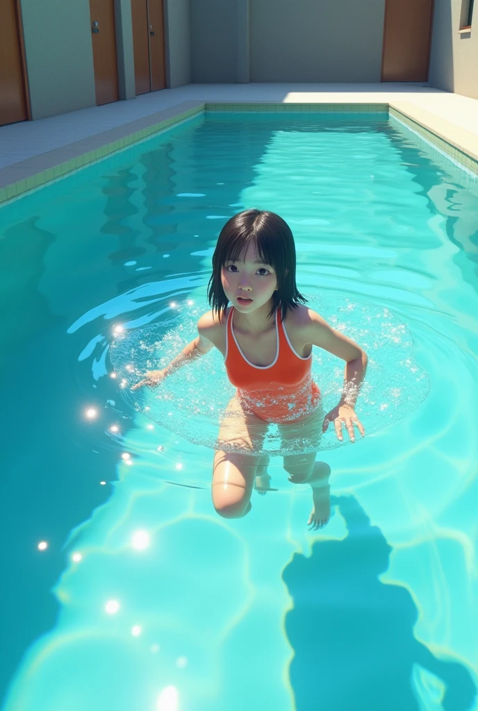 8K, Ultra Detail, Ultra Realistic, HDR, 3 girls, young, Full body shot, , Child figure, Small, cute, Squatting, Exhibitionism, Thin legs, Thrusting waist, Thin, wet skin, shiny white skin, wet from rain, water, a large amount of yellowish water coming from the crotch, chest and face, wet, very long red nightgown, pool, wet spots, wet underwear, brown curly hair, leotard, dancing near pool