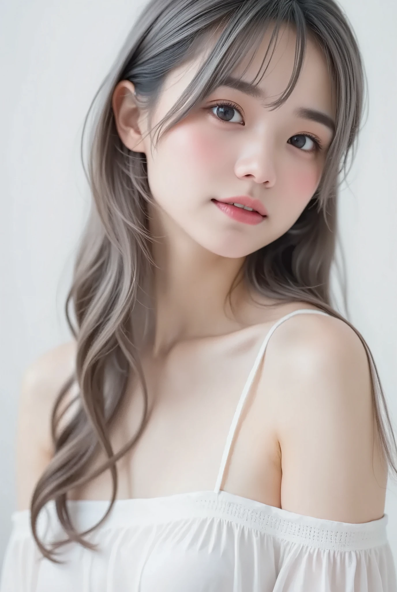  Albino Woman 、solo、非常にcute顔立ち、cute、 Subtle Smile :0.2、 very long hair 、Let your long hair down、 Beautiful Silky Gray Hair 、 Off-the-Shoulder White Dress、 Very Simple Dress 、Soft-Looking 、 photography studio、