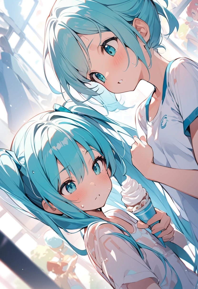 ( masterpiece :1.2)、Highest quality、pixiv、 a girl 、 alone 、 Check Out Your Audience、Hatsune Miku、One Piece Illustration 、Holding soft serve ice cream in hand、 of cartoons、Pat only her upper body 、Short sleeve、 dynamic angle、Small chest，Look to the side、sweat， dynamic angle , 