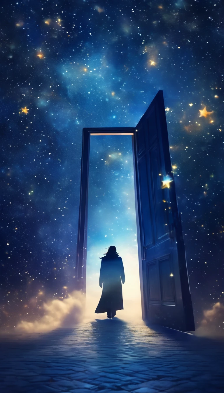  Double Exposure ，Silhouette of a door to another dimension,  Fog Falling Through the Door，level flight，Midnight, Fusion with the Starry Sky ,  horizon ,  Colorful, Town， high definition, 8k