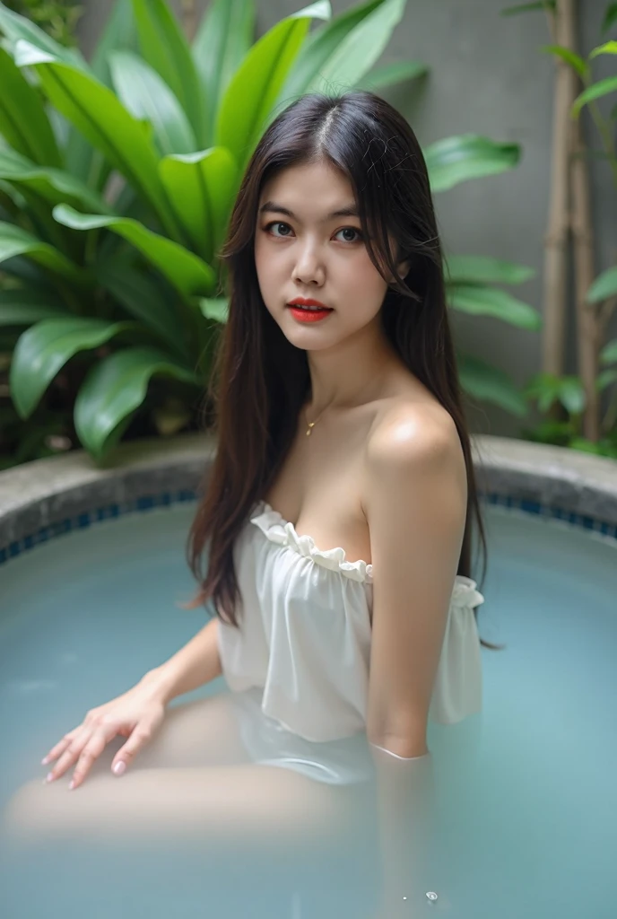 masterpiece, top-quality, 8K, absurderes, a beauty girl, kawaii, indoor,(full body:1.5), (fullnude:1.5), (wearing transparent wet tank top),wet tank top, (dark brown long hair),nice body, bathroom,bathtub,showering, droplets, (hand up), (openlegs:1.6),No makeup, bukkake, no bra,cameltoe, Near and far law, depth of fields, A hyper-realistic, hight resolution, a picture, foco nítido, nffsw, face lights, 动态照明, Highest detail, earrings, necklaces,Extreme details、ultra-detailliert、detaile、authentic skin、delicated facial features、Easy Negative