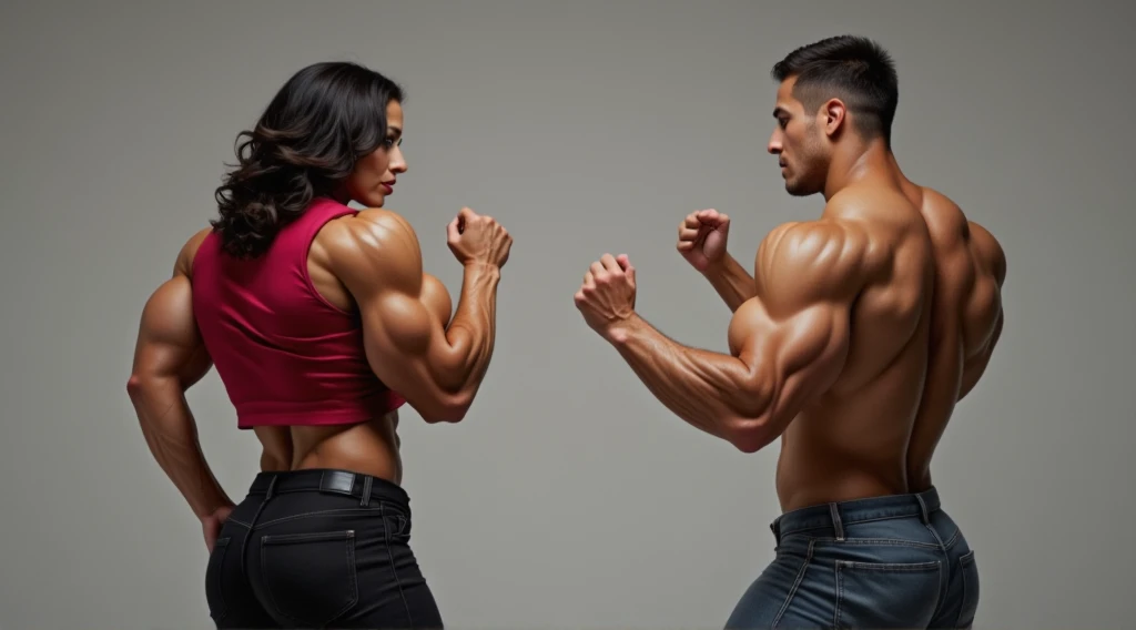 From a rear camera angle, a 52-year-old Latina woman stands with one hand on her hip and the other raised, ready to strike a man in front of her, whose face is not visible. Her skin is tanned, and her facial features show fierce determination. Her dark, curly hair cascades down to her lower back.

She wears a tight red blouse that highlights her muscular arms and black denim jeans that cling to her curves, accentuating her powerful figure. Her legs are strong and firm, poised to move quickly. The camera angle emphasizes the tension in her stance, showcasing her confidence and readiness to act.

The man, seen from behind, appears slim and seems to be in a defensive posture, with his hands raised in an attempt to protect himself. His body tenses in anticipation of the incoming blow. The scene reflects a clear sense of domination, with the woman projecting power and authority as she prepares to take action.
