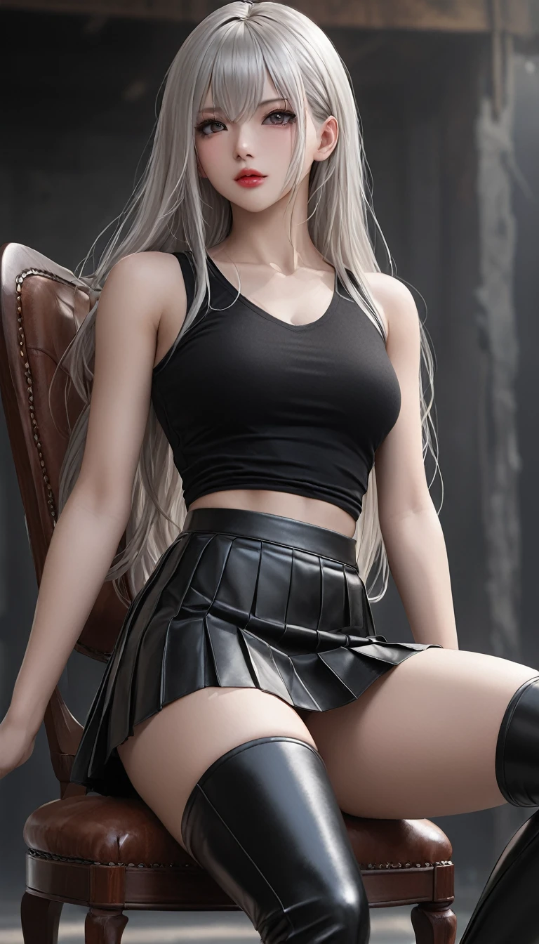 masterpiece,   high definition ,   is anatomically correct , 最 high quality,   high detail ,  high definition model ,   very detailed,   high quality,  Ultra High Definition,   textured skin , Realistic Skin, Platinum Hair,  long hair , Hanging eyes,  high definitionの目, Adult women, textured lips,
 has a faint smile,
Black sleeveless, leather pleated skirt ,  wearing black thigh-high boots,
Ruined Background, Fantastic,
 sitting on a chair,
 Dramatic Angle ,