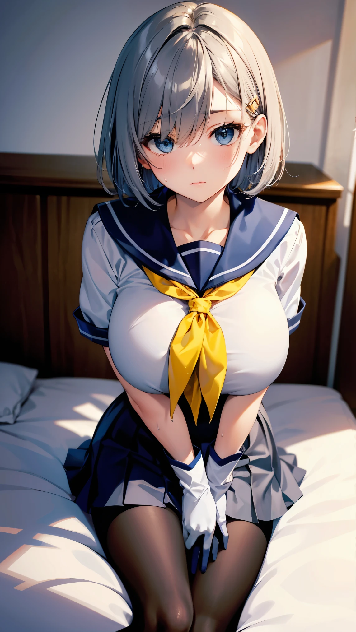 8k high resolution (Super detailed), masterpiece, (Best Quality)　 anime illustration 　Detailed eyes,  detailed face　 detailed hands　Fine hair　 very elaborate body、 fine skin 　 1 girl　 fleet this_Sea Breeze　 blue eyes、Grey Hair、Hair above one eye、Short Hair　 black pantyhose、gloves、grey sailor collar 、Grey Skirt、 hair clip that invites you with your hand、 pleated skirt 、White Sailor Suit　白gloves、 yellow neckerchief　(Big Breasts)　Beautiful breasts　Sit on the bed　sweat　 look up　 holding a rifle put your hand on your chest　Troubled expression