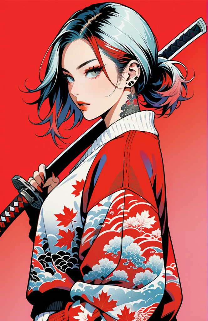 Illustrator,It is true ,draft , 1 girl, ,Lips, sweater,order,  gradient red background, Neon hair,Texture Trim, Canadian, ( Masterpiece,Highest quality),Yakuza Tattoos, holding silver samurai sword  