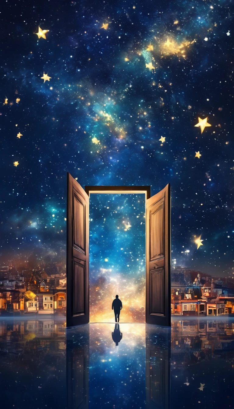  Double Exposure ， Silhouette of a Door to Another Dimension, level flight，Midnight, Fusion with a starry night,  horizon , In the sky, Town, Colorful,  high definition, 8k