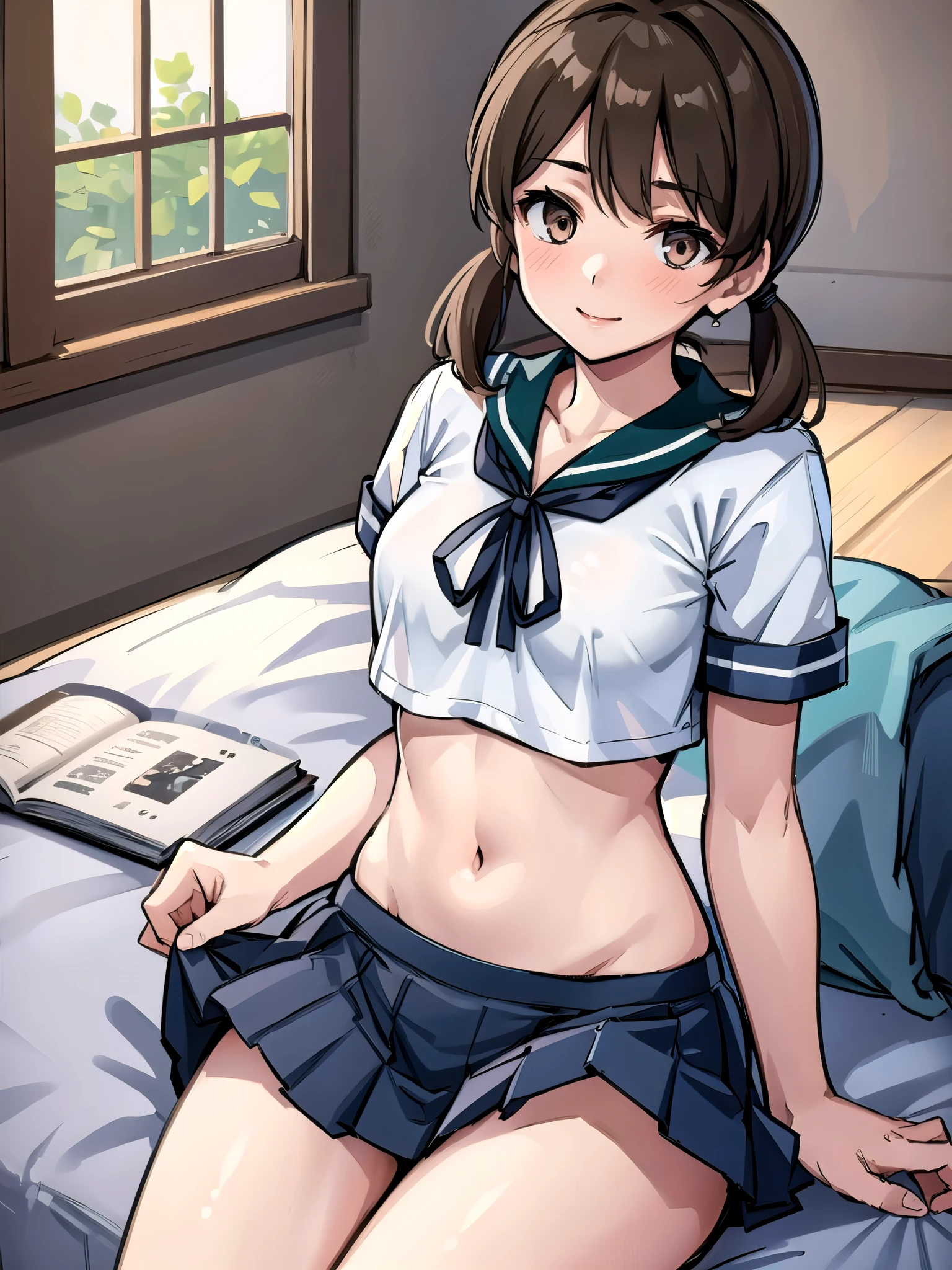 shirayukiKC, low twintails, short twintails, (masterpiece, Best Quality:1.2), Best Quality,  very detailed, masterpiece, 8k, high definition, one girl playing pranks,Alone, ( office,  living room ,  bedroom), White Sailor Suit, Short sleeve, smile, School_uniform,Pleats_skirt, (  close-up shot ), Slender body,,(( panties), (Bra), ( Innerwear), ( fancy underwear), ( lingerie)))