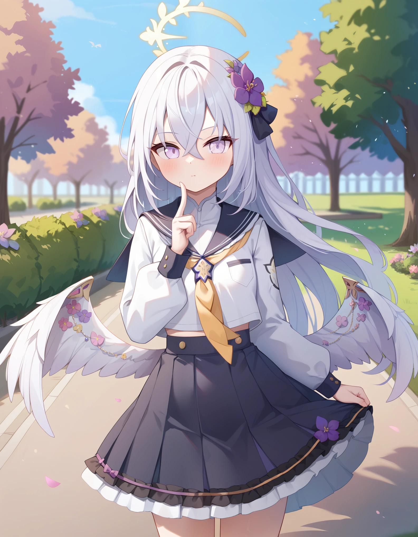 1girl,20s,solo,sad face,white school shirt,black scholl skirt,small tits,light purple hair,long hair,braided hair,(((Angel of Light Angelica Wings))),blue eyes,,elves ears,(((standing in front of a forest)))