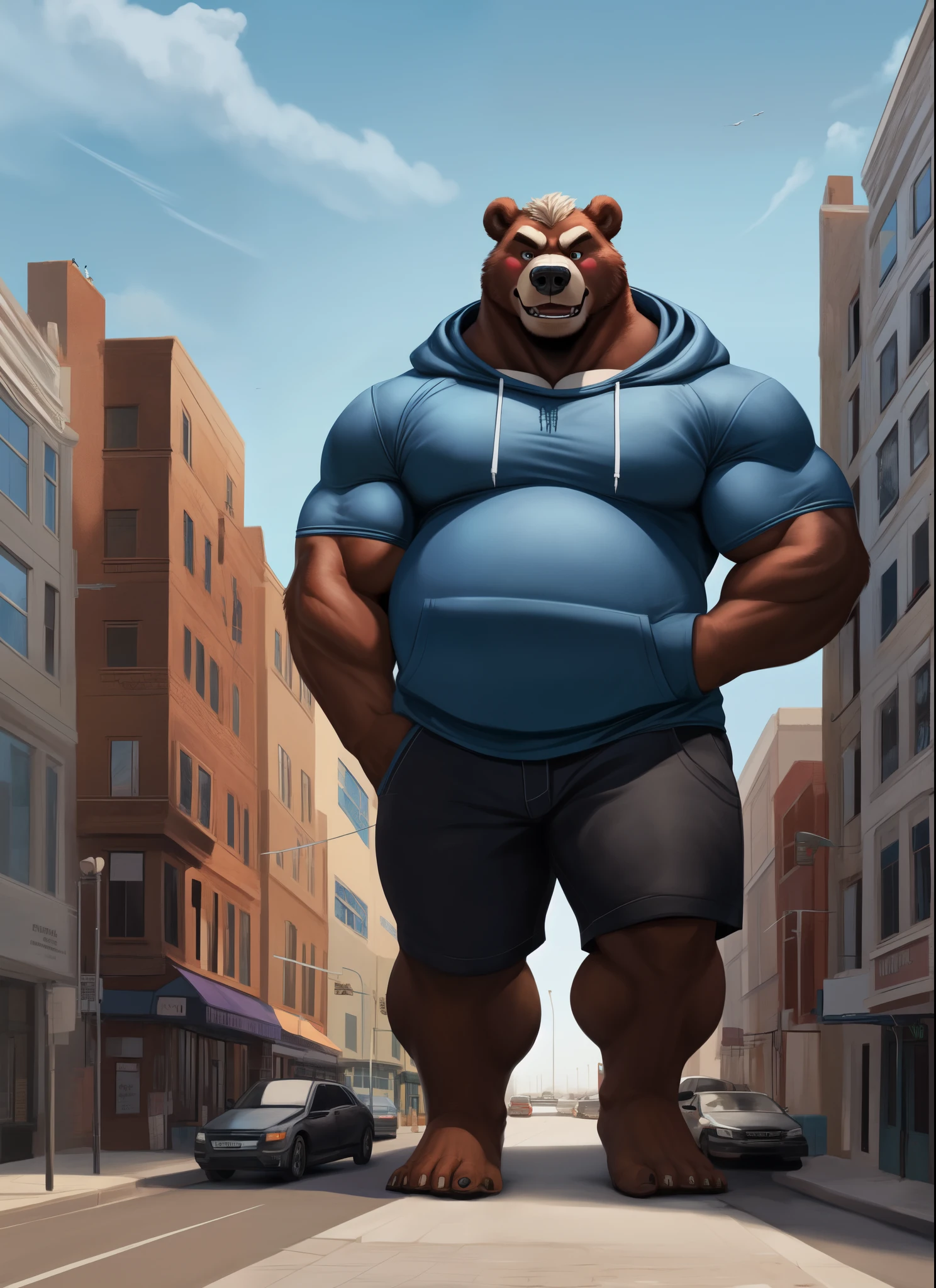 ((Masterpiece)),((Hight quality)),((Hught Detailed)),((Realistic,)) Anime Artistic masterpiece art, Concept anime art, Obese muscle zootopia citizen (massive obese, strong legs and arms, hairy, incredibly big looking), Disney Zootopia movie character, Anatomy of character, Badass, Disney Obese sumo wrestler bear in ragged underwear, He is a poor very Obese and very muscular Sumo wrestler, Extreme Bloated and he is selling undershorts on the streets, Disney Zootopia movie Style