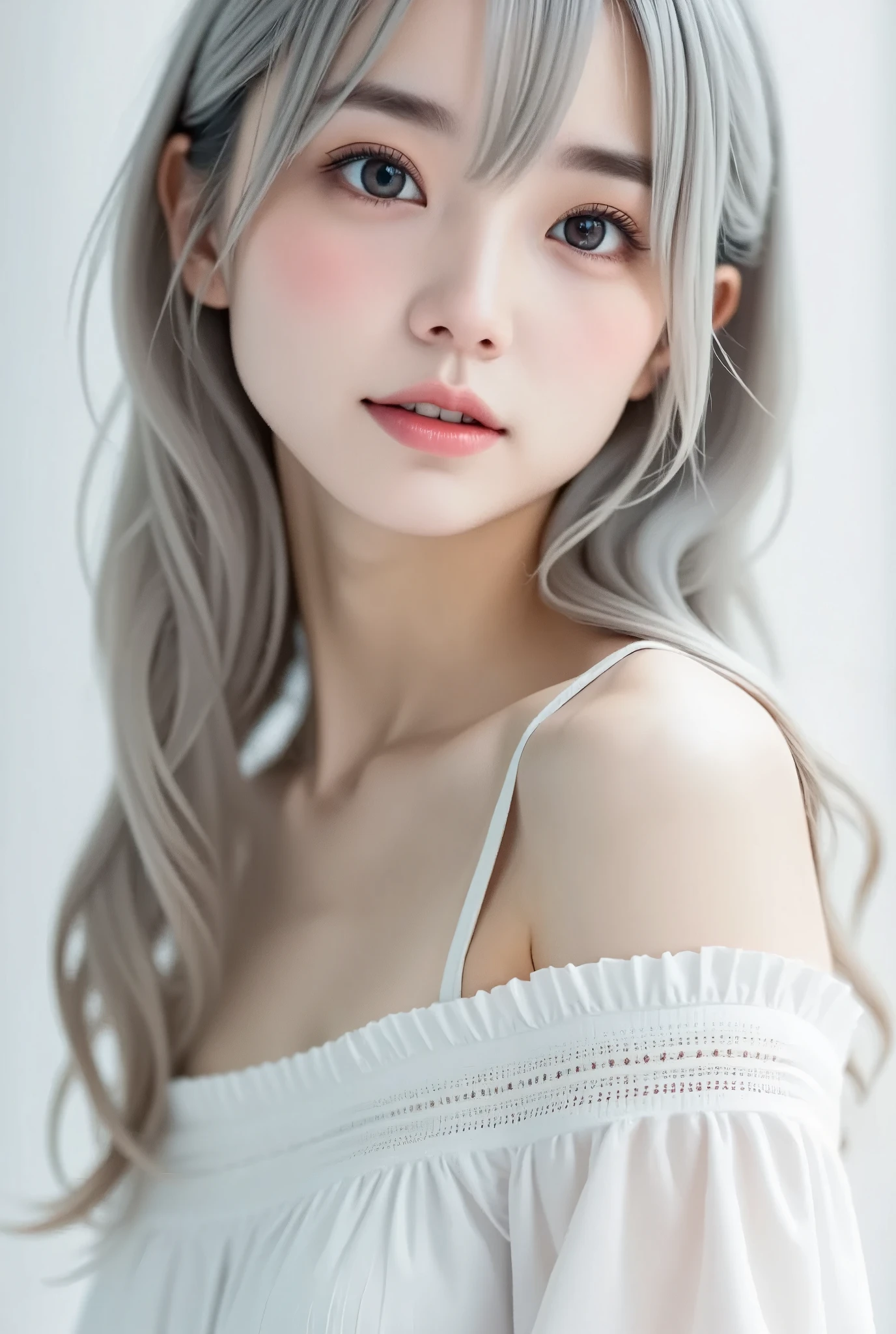  Albino Woman 、solo、非常にcute顔立ち、cute、 Subtle Smile :0.2、 very long hair 、Let your long hair down、 Beautiful Silky Gray Hair 、 Off-the-Shoulder White Dress、 Very Simple Dress 、Soft-Looking 、 photography studio、