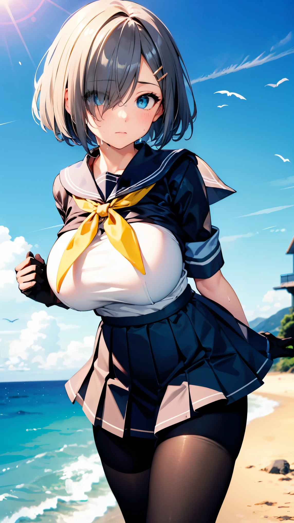 Hamakaze, Hamakaze, Blue eyes, Grey Hair, Hair Ornament, Hair over one eye, hair clips, Short hair, Short hair,BREAK black pantyhose, buttoning, gloves, grey sailor collar, grey skirt, hair clips, neckerchief, pantyhose, Pleated skirt, Sailor collar, School uniform, serafuku, (White seraphuk:1.3),Skirt, White Gloves, Yellow neckerchief,Naughty big、large full breasts、looking at the viewers,BREAK (masutepiece:1.2), Best Quality, High resolution, Unity 8k壁纸, (Illustration:0.8), (Beautiful detailed eyes:1.6), extra detailed face, Perfect Lighting, extremely details CG, (Perfect hands, Perfect Anatomy),Smile with open mouth、(Skirt lift:1.3), (Blue stripes々Panties -:1.3)、(Skirt that rolls up:1.3)、(Fully exposed panties:1.5)、(outside of house、plein air,:1.3)、(sea side:1.3)