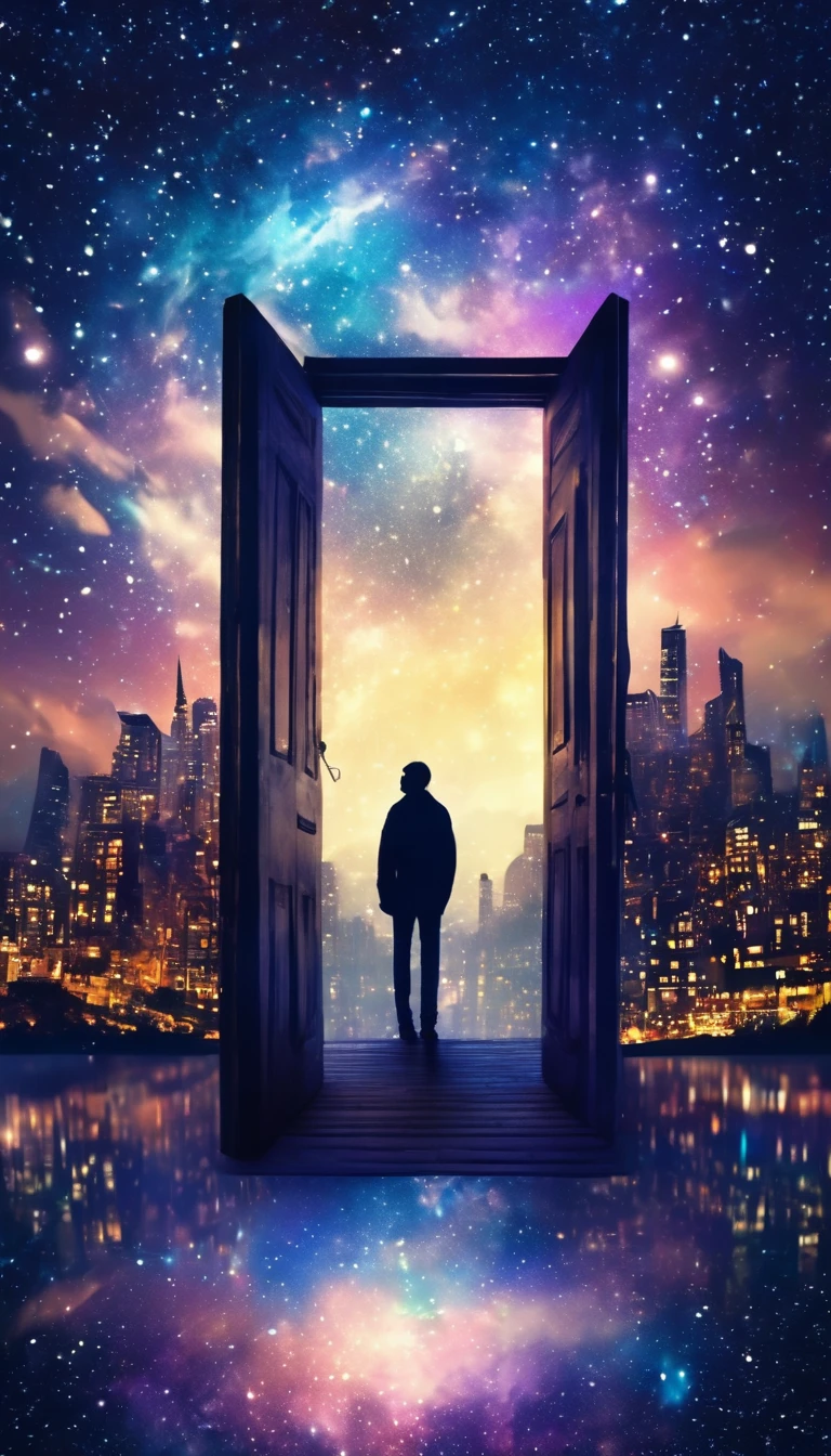  Double Exposure ，Silhouette of a door to another dimension, level flight，Midnight, Fusion with a starry night,  horizon , In the sky, Town, Colorful,  high definition, 8k