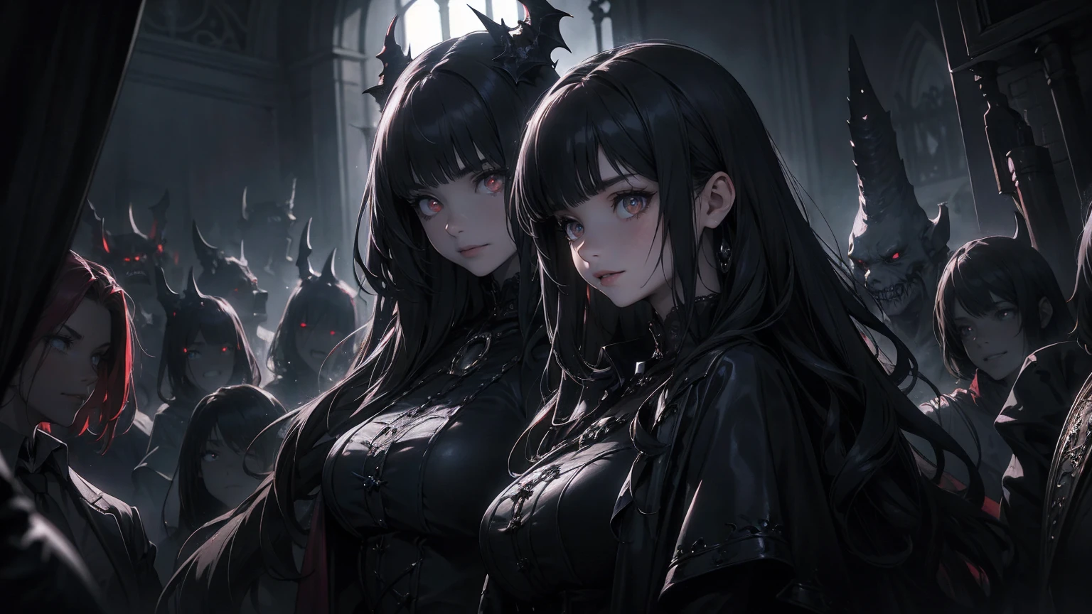 in a cage、Chained、Sharp and long fangs are visible from the mouth、Two vampire girls、twinsies、red eyes、