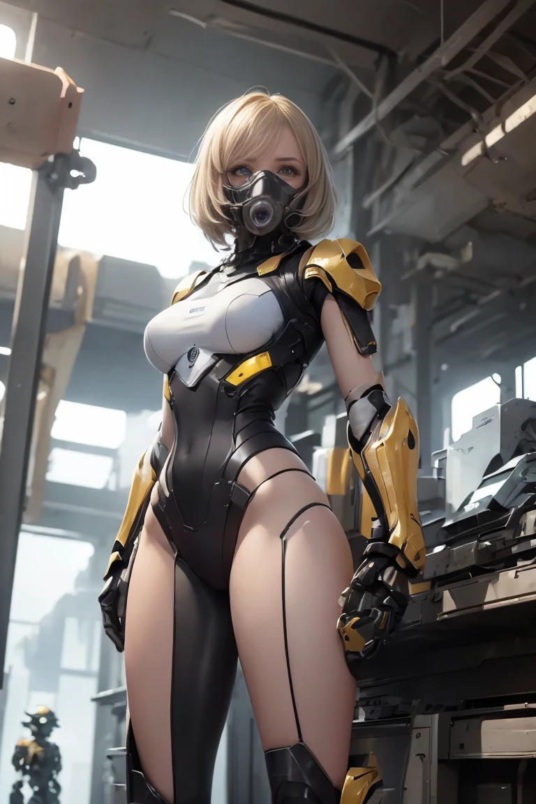 Hannah Palmer as a bodybuilder cyborg with bionic parts in your body, cyberpunk swinsuit, blue-white-lime green, Sitting cross-legged in a futuristic chair and holding a complex and strange artifact, futuristic lab, blueprint, photostudio composition, digital art, illustration concept art in the style of Artgerm and Adam Hughes