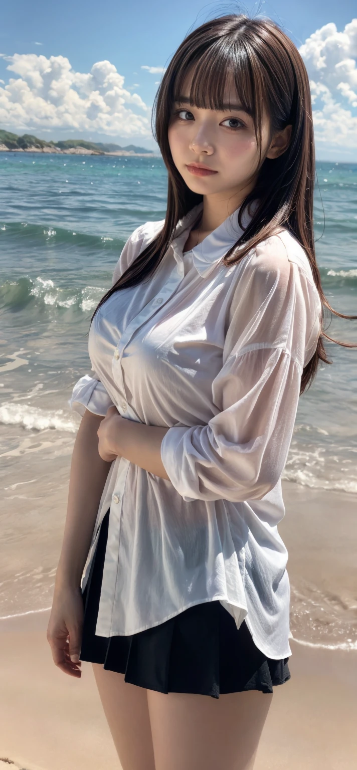 ((fully body photo:1.3))、((beautiful sea blue:1.2))、((White sandy beach))、(Cute profile)、(((All nude:1.3)))、(Highly detailed beautiful face of one young girl), Great look and best quality:1.4), (Ultra-detailed), (8k wallpaper), Highly detailed, High-definition raw color photos, Professional Photography, Realistic portrait, Amazing face and eyes, Brown eyes, in 8K、Detailed face of a very detailed beautiful girl、extremely detailed eye、highlydetailed skin、extremely detailed fingers、highly detailed nose、very detailed detailed mouth、Perfect Anatomy、细致背景、Detailed clothing、1 beautiful girl、(16:1.2)、sixteen years old、Cute little girl s、Realistic body、Model-like body shape、((Realistic Beautiful Girl))、小柄、de pele branca、glistning skin、Slim body、((Beautiful black hair))、((nogizaka  ))、((looking happy smile:1.2))、bangss: 1.5、kawaii faces、Lifelike face、Delicate eyes、((Playing in the sea wearing an oversized shirt-collar dress with a wide open chest:1.3)),((A piece that shines through the light)), ((Off_Up to the shoulder:1.3)),(((Undo the button on the chest to reveal the chest.)))、sixteen years old, ((jumpy))、(itting open legs)、Open your crotch、((raise your hands high and jump))、((Local parts are visible.......................))、((Thin pubic hair))、((tiny chest............)), depth of fields, full-shot、3women、japanes、age19、(beauitful face:1.5)、(Nothing is worn)、(Running on the beach)