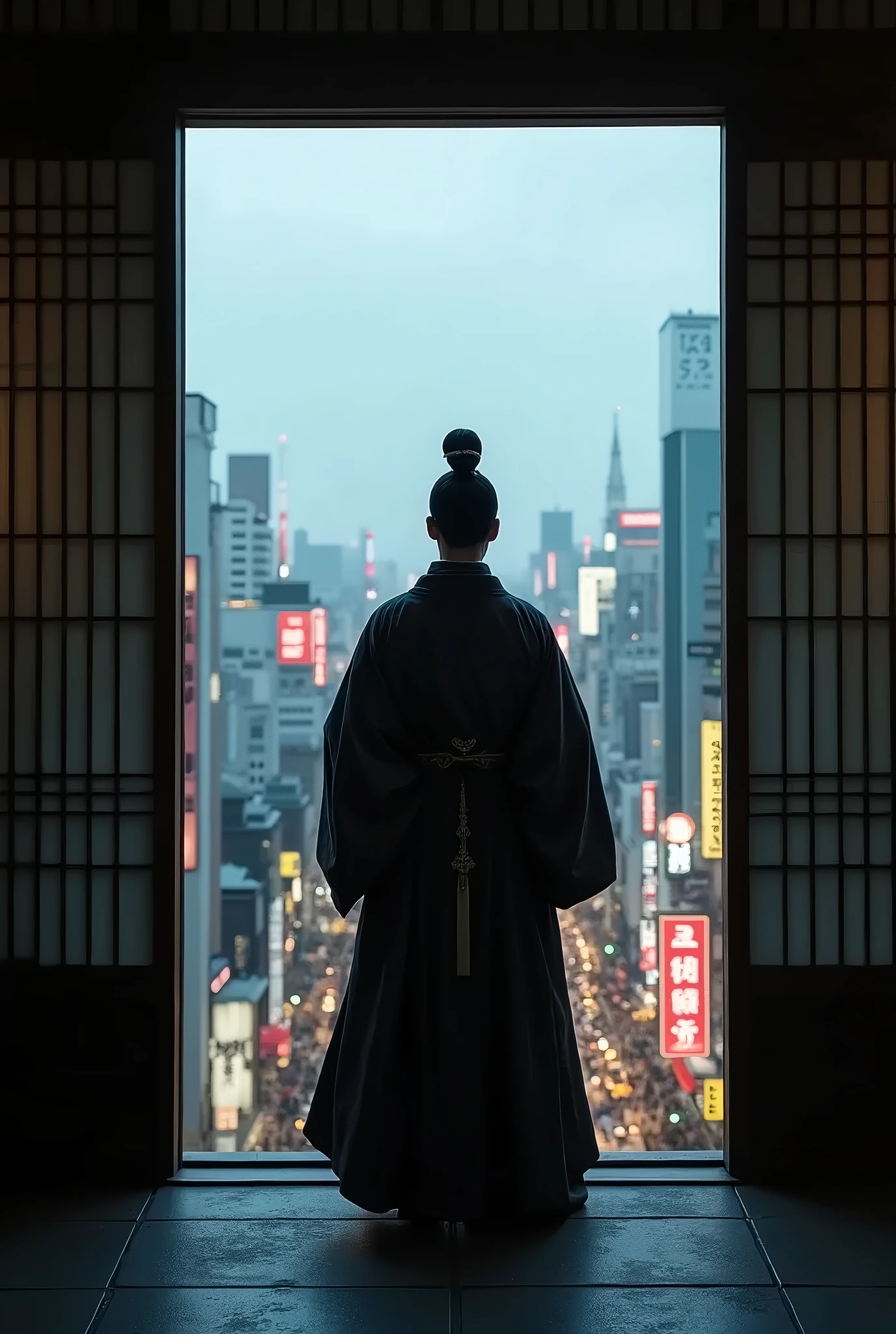 Please draw a male aristocrat from the Heian period in Japan. He opens an old sliding door in a dimly lit room. It leads, strangely enough, to the top of a high-rise building in present-day Shibuya. Please draw the man's back, the door, and the view overlooking the city of Shibuya.