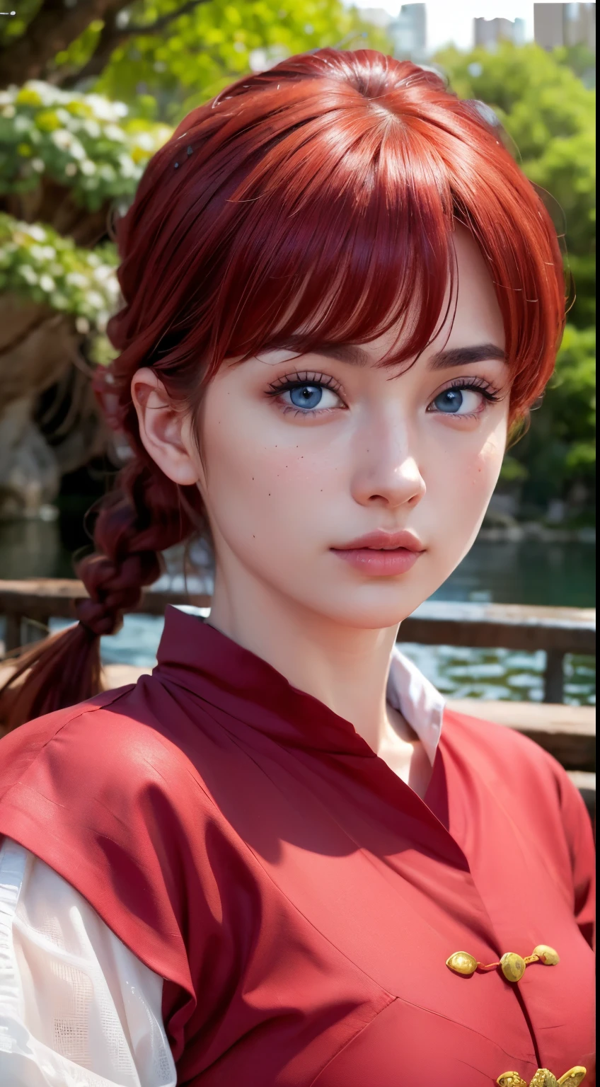 realistic,  detailed texture, (masterpiece,  Best quality :1.4), (close up:1.5), (eyes focus:1), 1 , Ranma-chan, (1 ), Alone, blue eyes, ( red hair), fringe, tangzhuang,  ponytail braids , sleeves rolled up,  in a Chinese garden with sakura trees, a bridge and water ,  looking at the viewer , sorriso sexy, beautiful face,  highly detailed face,  Highly detailed eyes , detailed skin,  skin pores ,  subsurface spread , realistic pupils, blush all over the face,  full lips ,  detailed background ,  depth of field  ,  volumetric lighting , sharp focus, absurdres, proporções realistics, good anatomy, (realistic, hiperrealistic:1.4), 16K HDR,  full body  ,showing the feet
