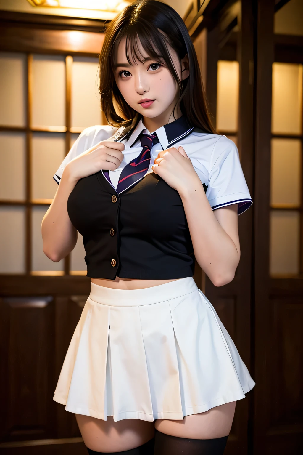 Korean school uniform, summer school uniform shirt, ribbon tie, skirt, school classroom, school stairs, chest thrusting pose, 8K RAW photo, high resolution, cool Korean at , very big round breasts, cleavage, beautiful eyes in detail, long eyelashes, beautiful double eyelids, eyeshadow, eyeliner, slender eyes, elongated eye shape, sanpaku eyes, evil smile, evil expression, beautiful and very thin legs, beautiful and very thin thighs, random short hair, hair tied behind the head, earrings, bright blonde,