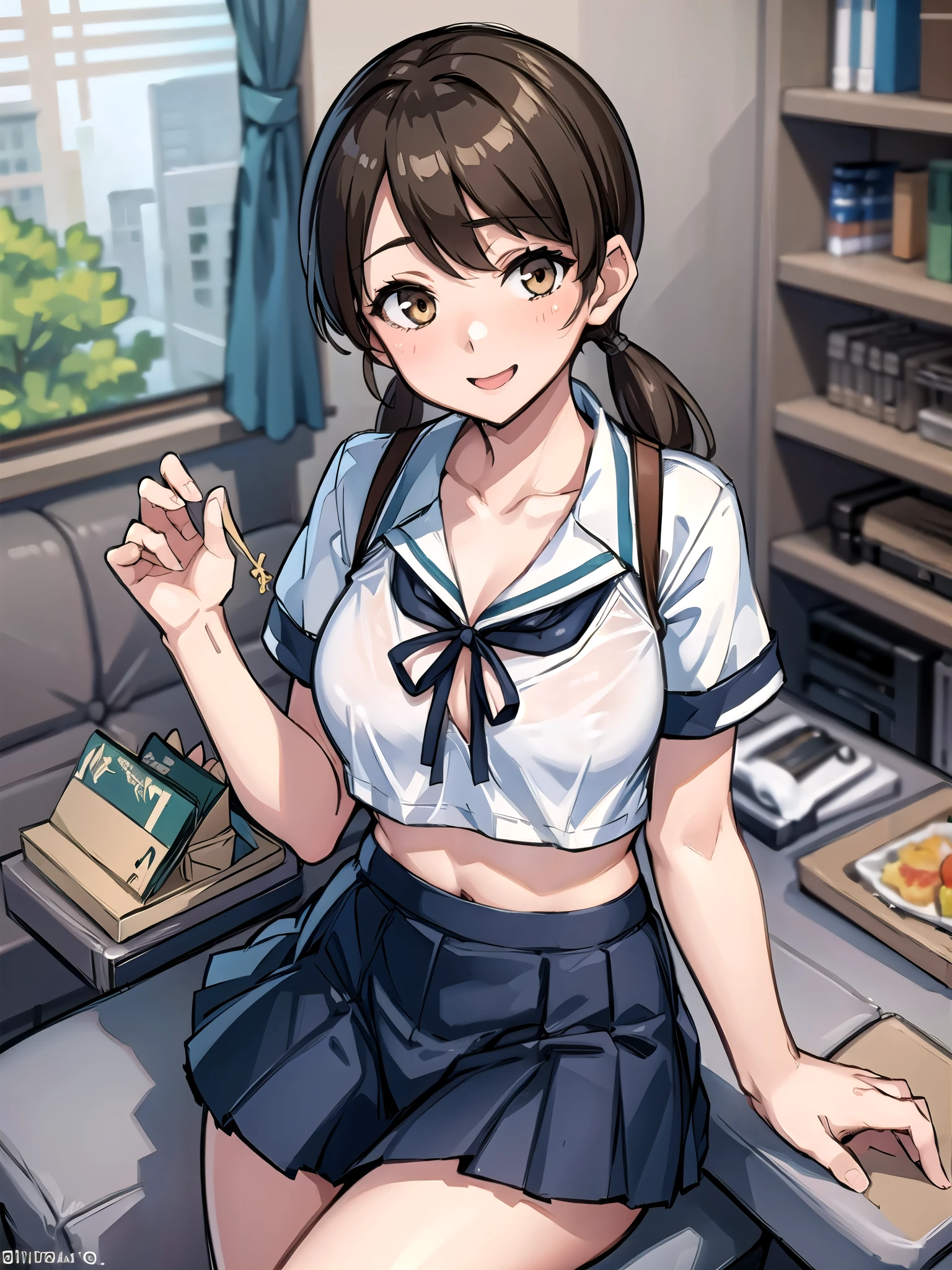 shirayukiKC, low twintails, short twintails, (masterpiece, Best Quality:1.2), Best Quality,  very detailed, masterpiece, 8k, high definition, one girl playing pranks,Alone, ( office,  living room ,  bedroom), White Sailor Suit, Short sleeve, smile, School_uniform,Pleats_skirt, (  close-up shot ), Slender body,,(( panties), (Bra), ( Innerwear), ( fancy underwear), ( lingerie)))