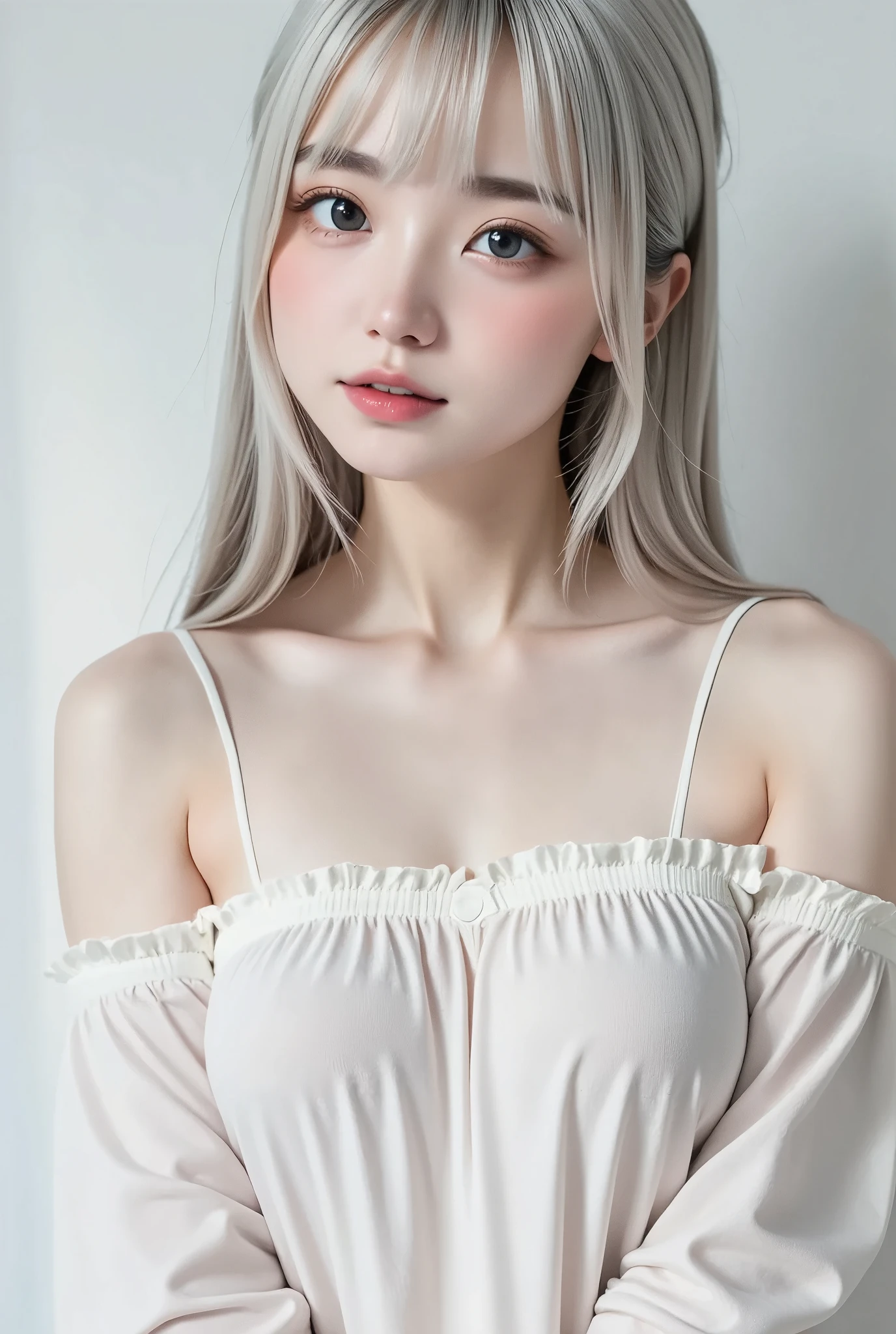  Albino Woman 、solo、非常にcute顔立ち、cute、 Subtle Smile :0.2、 very long hair 、Let your long hair down、 Beautiful Silky Gray Hair 、 Off-the-Shoulder White Dress、 Very Simple Dress 、Soft-Looking 、 photography studio、